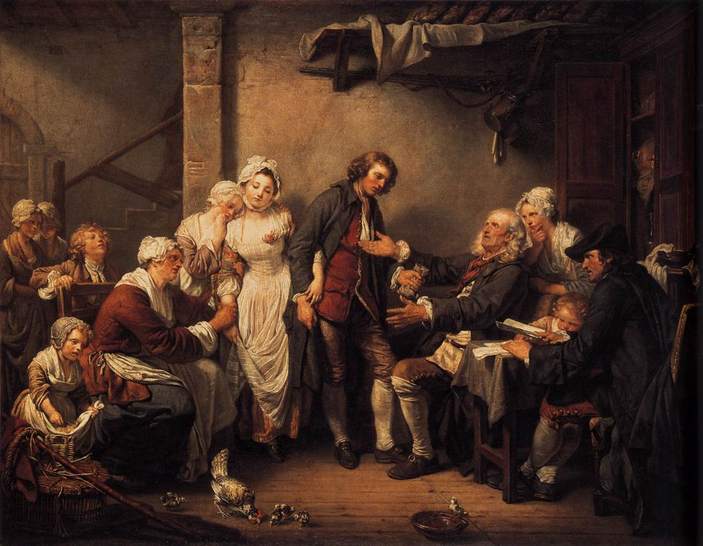 Dans une pi&egrave;ce modeste, un homme &acirc;g&eacute; assis compte des pi&egrave;ces dans la main d&rsquo;un jeune homme debout, pendant qu&rsquo;une famille r&eacute;unie autour d&rsquo;eux regarde en silence ; une jeune femme en robe blanche tient la main d&rsquo;une femme plus &acirc;g&eacute;e &agrave; leurs c&ocirc;t&eacute;s.