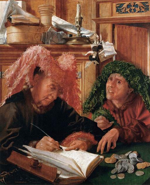 Deux hommes assis &agrave; une table couverte de pi&egrave;ces d&rsquo;argent et d&rsquo;or ; l&rsquo;un &eacute;crit dans un carnet de comptes ouvert &agrave; la plume, l&rsquo;autre tient une pi&egrave;ce entre ses doigts et regarde vers nous.