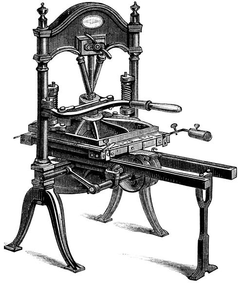 Une gravure au trait d&rsquo;une presse &agrave; bras en bois : un axe vertical &agrave; vis actionn&eacute; par un long levier, au-dessus d&rsquo;un plateau qui coulisse sur des rails, l&rsquo;ensemble pos&eacute; sur quatre pieds galb&eacute;s.