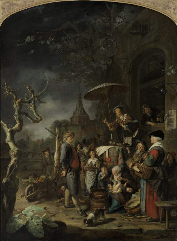 Sur une place, un homme debout sur une estrade, sous un grand parasol, l&egrave;ve la main en s&rsquo;adressant &agrave; une foule rassembl&eacute;e devant lui ; sur la table pos&eacute;e devant lui, des fioles et des papiers, et tout autour, des badauds l&egrave;vent les yeux vers lui.